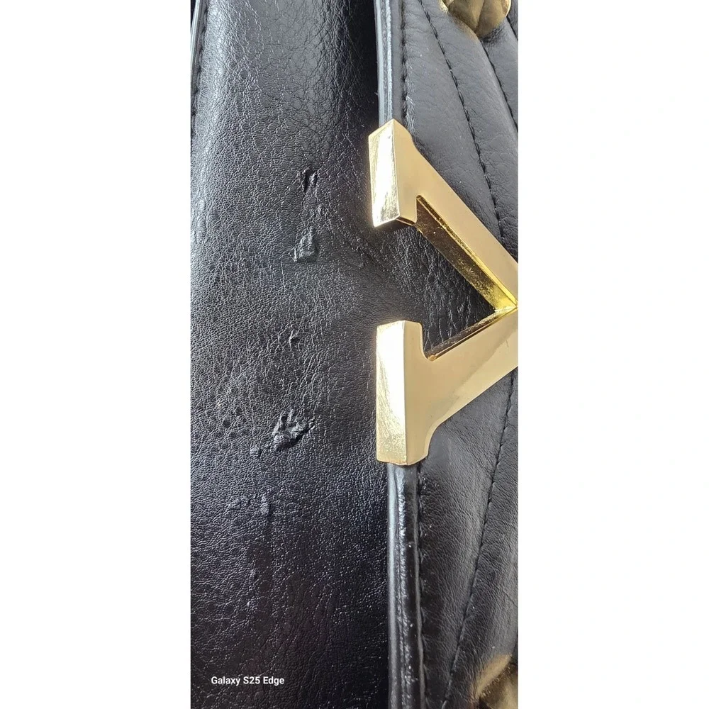 Black Quilted V Logo Satchel Handbag Gold Tone Hardware Chevron Pattern